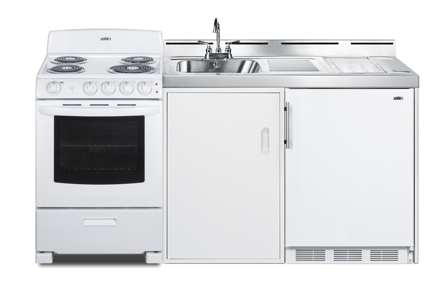 72 inch wide all-in-one kitchenette with 220V 4-element electric coil range, refrigerator-freezer, sink, cutting board and cutlery storage, and a storage cabinet